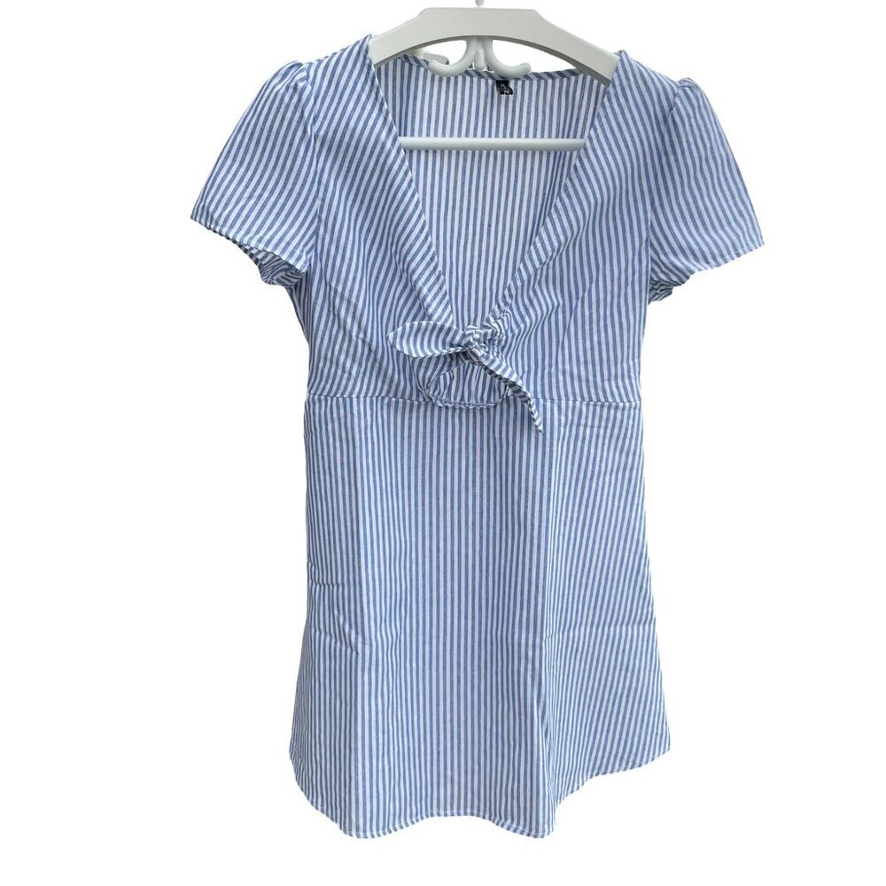 ZAFUL Blue White Striped Summer Dress Tunic Top Front-Tie Bouffant Sleeve Large